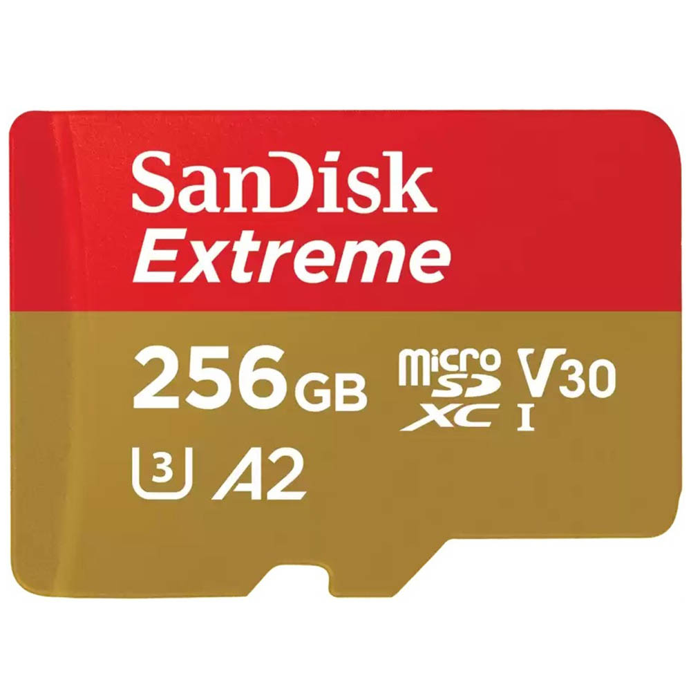 Карта памяти MicroSDXC 256GB SANDISK Extreme, Class 10 A2 UHS-I (U3) V30, 190 МБ/сек, цвет желто красный Карта памяти MicroSDXC 256GB SANDISK Extreme, Class 10 A2 UHS-I (U3) V30, 190 МБ/сек, цвет желто красный