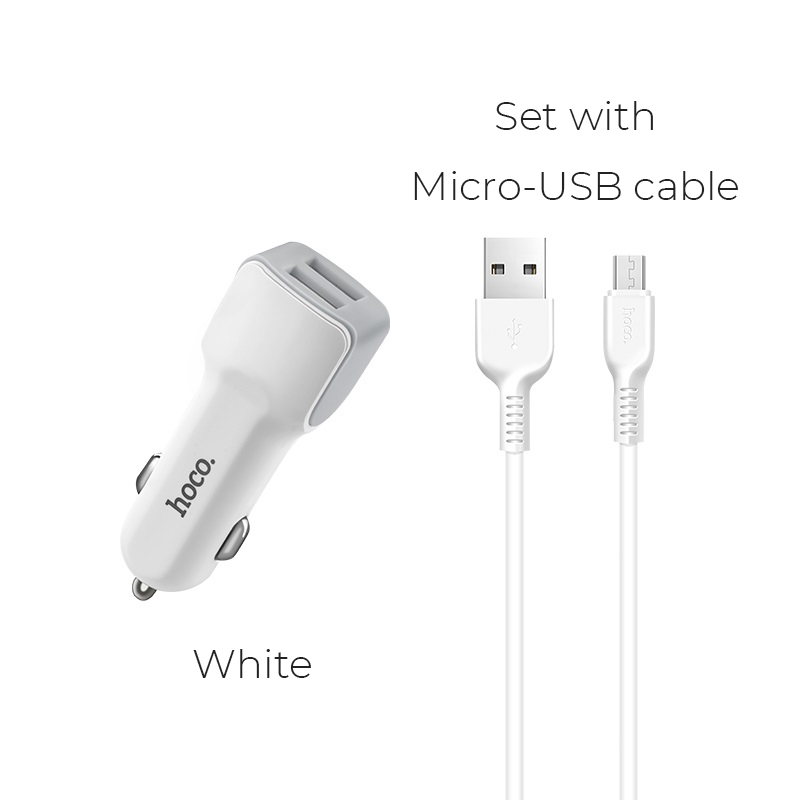 HOCO Z23 Grand style АЗУ (Автомобильное зарядное устройство) 2 USB, 2.4A с кабелем Micro USB, цвет белый. HOCO Z23 Grand style АЗУ (Автомобильное зарядное устройство) 2 USB, 2.4A с кабелем Micro USB, цвет белый.