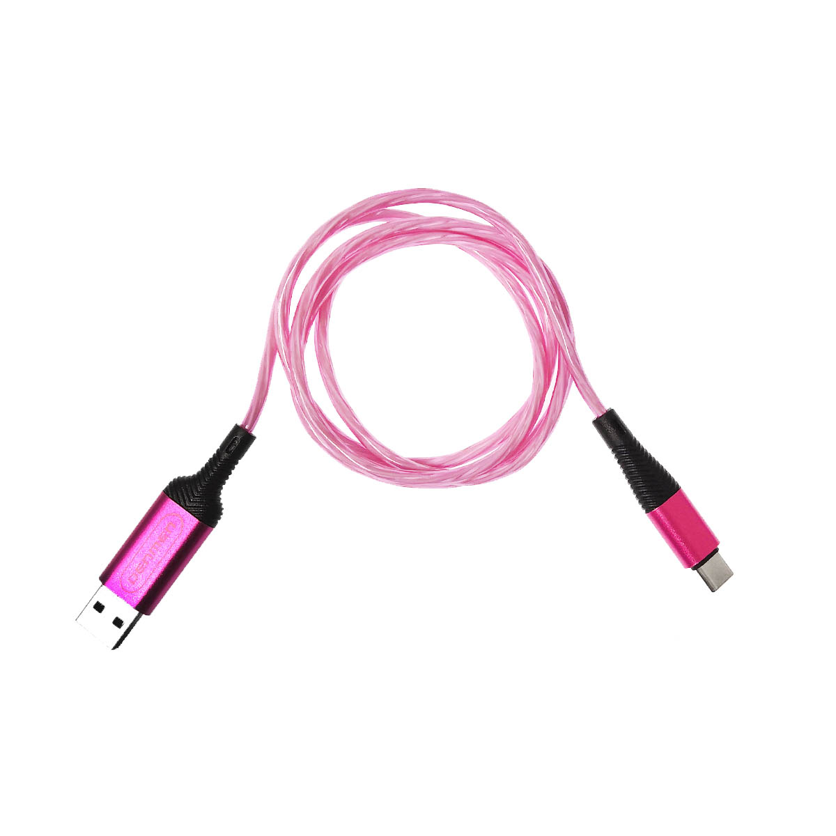 Кабель DENMEN D25T USB Type C, LED подсветка, 2.4A, длина 1 метр, цвет фуксия