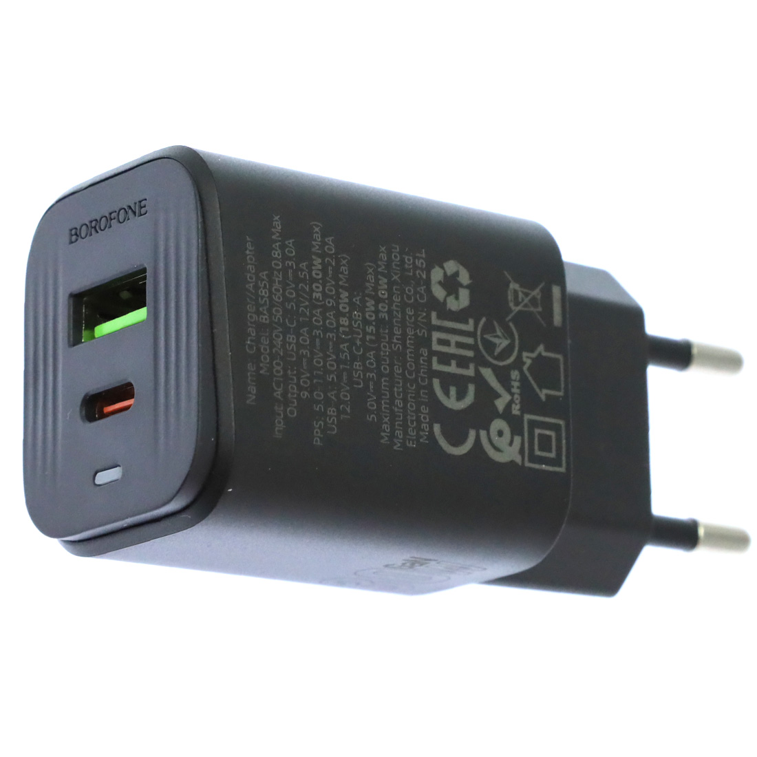 СЗУ (Сетевое зарядное устройство) BOROFONE BAS85A Star, 1 USB Type C, 1 USB A, PD30W, QC3.0, цвет черный