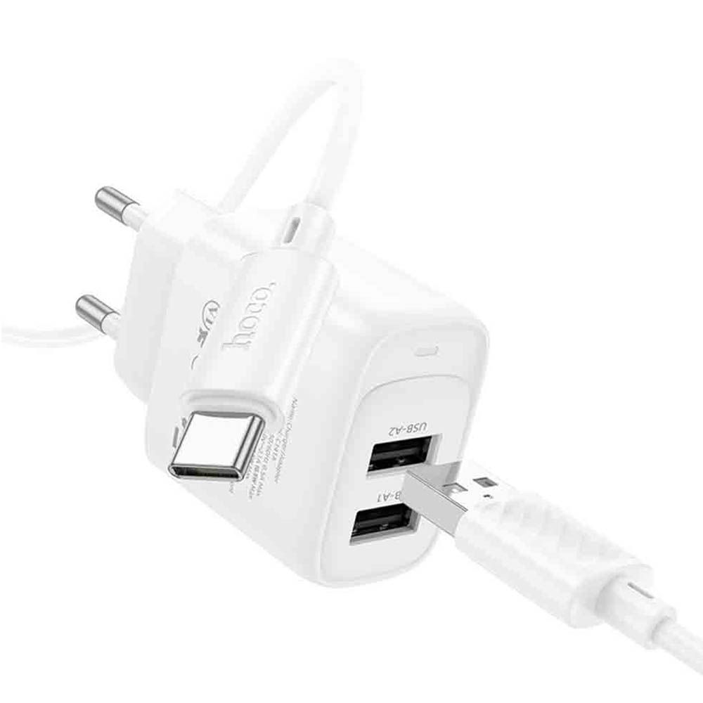 СЗУ (Сетевое зарядное устройство) HOCO C141A с кабелем USB Type C, 10.5W, 2.1A, 2 USB, длина 1 метр, цвет белый СЗУ (Сетевое зарядное устройство) HOCO C141A с кабелем USB Type C, 10.5W, 2.1A, 2 USB, длина 1 метр, цвет белый