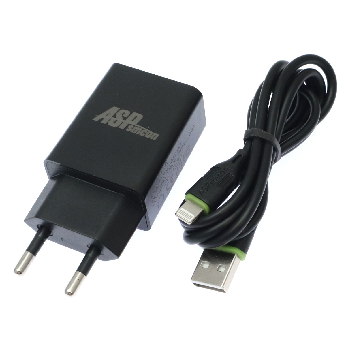 СЗУ (Сетевое зарядное устройство) ASPsmcon A001 с кабелем Lightning 8 pin, 2.1A, 1 USB, длина 1 метр, цвет черный СЗУ (Сетевое зарядное устройство) ASPsmcon A001 с кабелем Lightning 8 pin, 2.1A, 1 USB, длина 1 метр, цвет черный