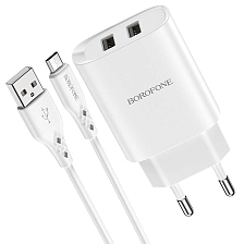 СЗУ (Сетевое зарядное устройство) BOROFONE BN2 Super fast с кабелем Micro USB, 2.1А, длина 1 метр, цвет белый СЗУ (Сетевое зарядное устройство) BOROFONE BN2 Super fast с кабелем Micro USB, 2.1А, длина 1 метр, цвет белый