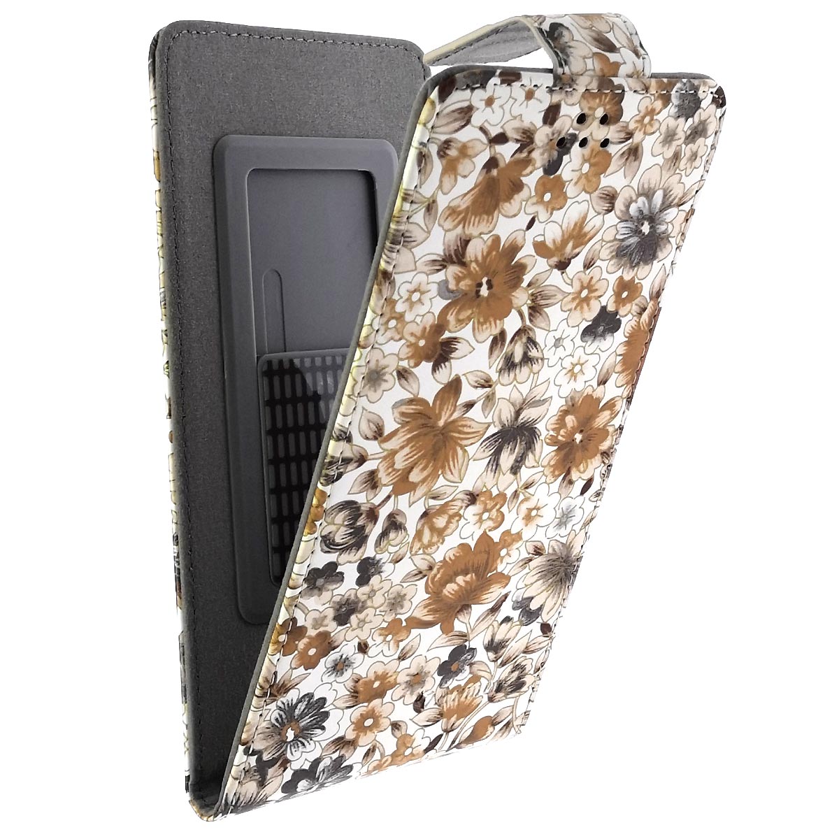 Чехол книжка универсальная Армор для смартфонов размером L, экокожа, цвет молочный с коричневыми цветочками