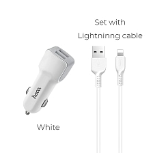 HOCO Z23 Grand style АЗУ (Автомобильное зарядное устройство) 2 USB, 2.4A + кабель APPLE lightning 8-pin, цвет белый. HOCO Z23 Grand style АЗУ (Автомобильное зарядное устройство) 2 USB, 2.4A + кабель APPLE lightning 8-pin, цвет белый.