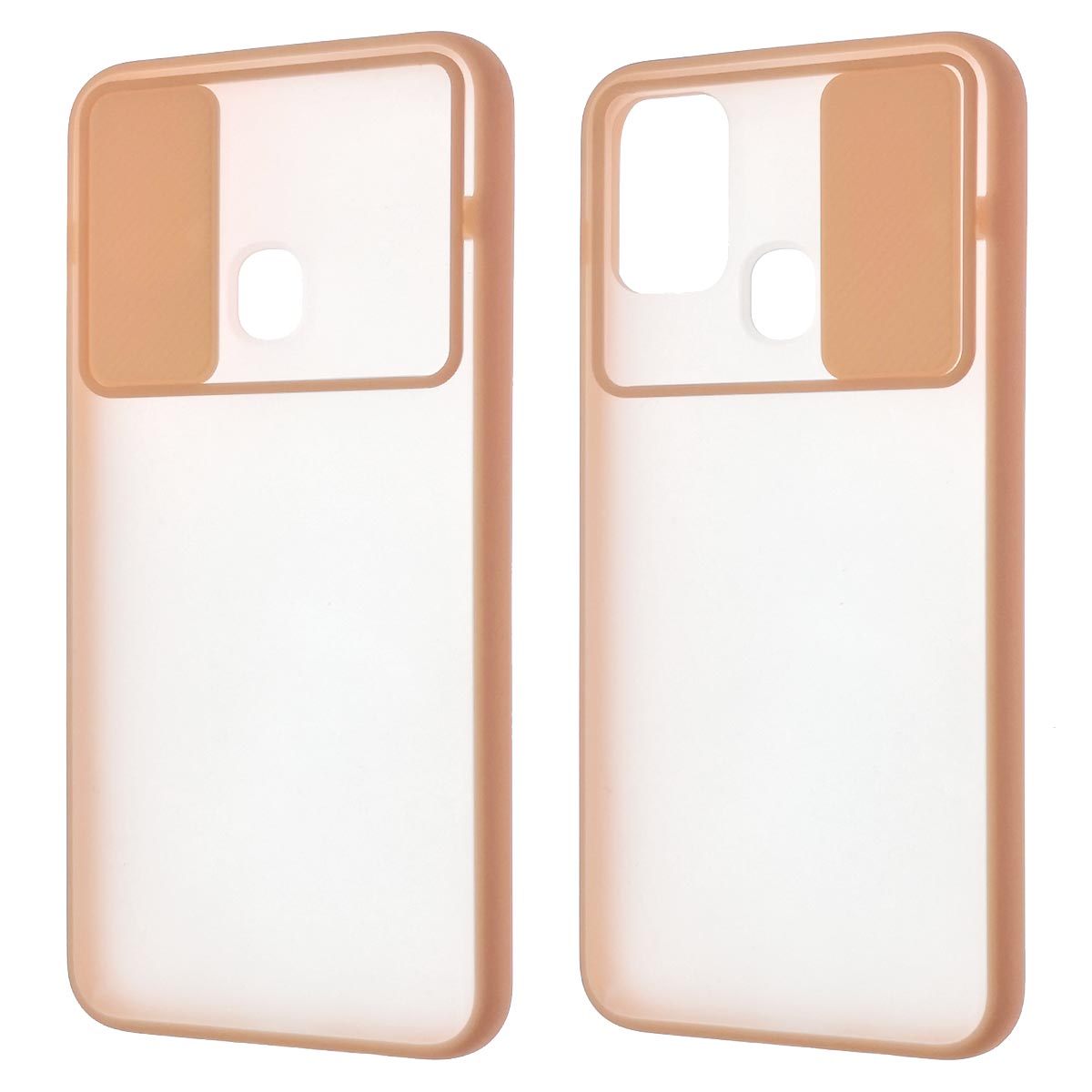 Чехол накладка для SAMSUNG Galaxy M30s (SM-M307F), M21 (SM-M215), силикон, пластик, матовый, со шторкой для защиты задней камеры, цвет окантовки персиковый