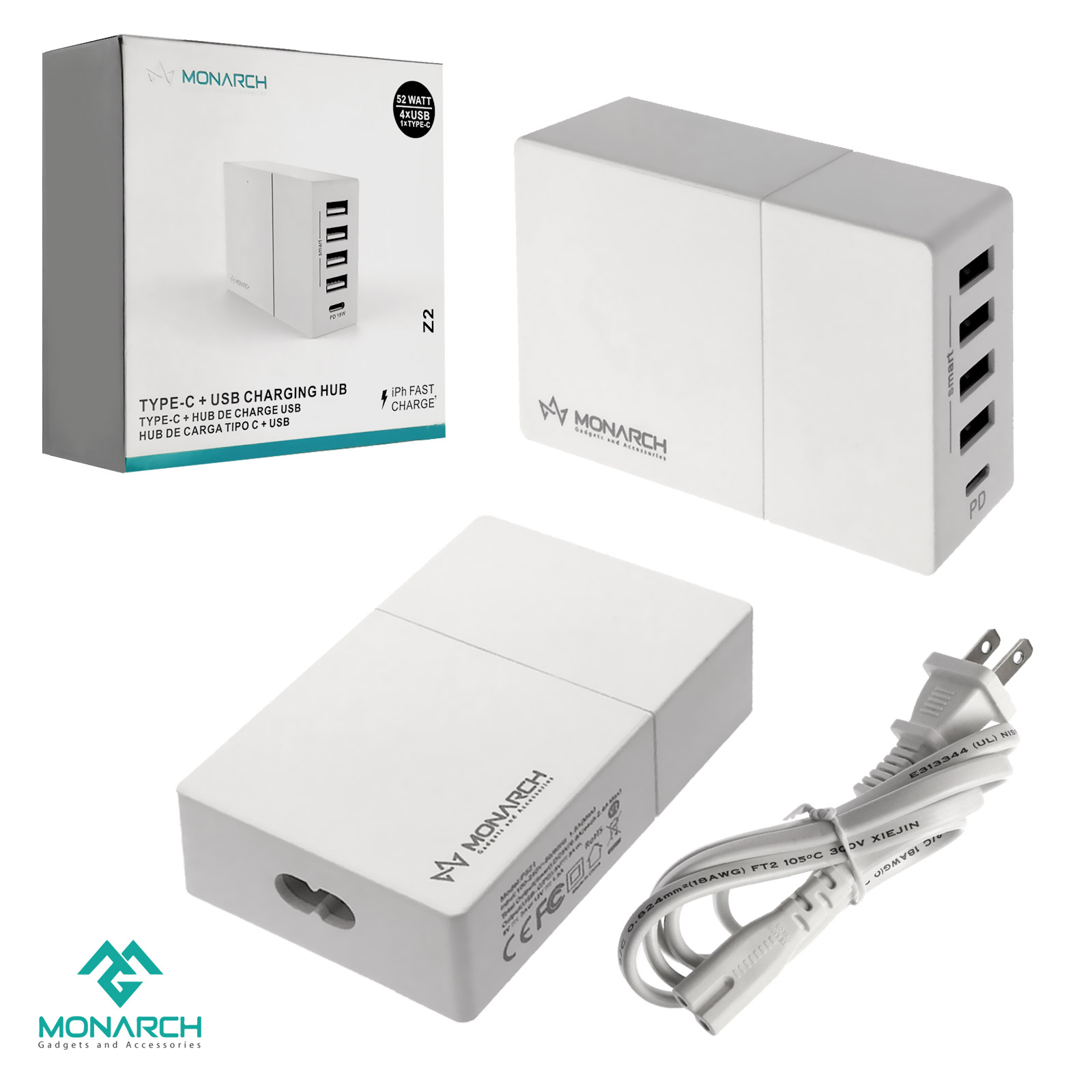 MONARCH Z2 СЗУ (сетевое зарядное устройство) 4USB+Type-c PD 52 WATT FAST CHARGE, цвет белый. MONARCH Z2 СЗУ (сетевое зарядное устройство) 4USB+Type-c PD 52 WATT FAST CHARGE, цвет белый.