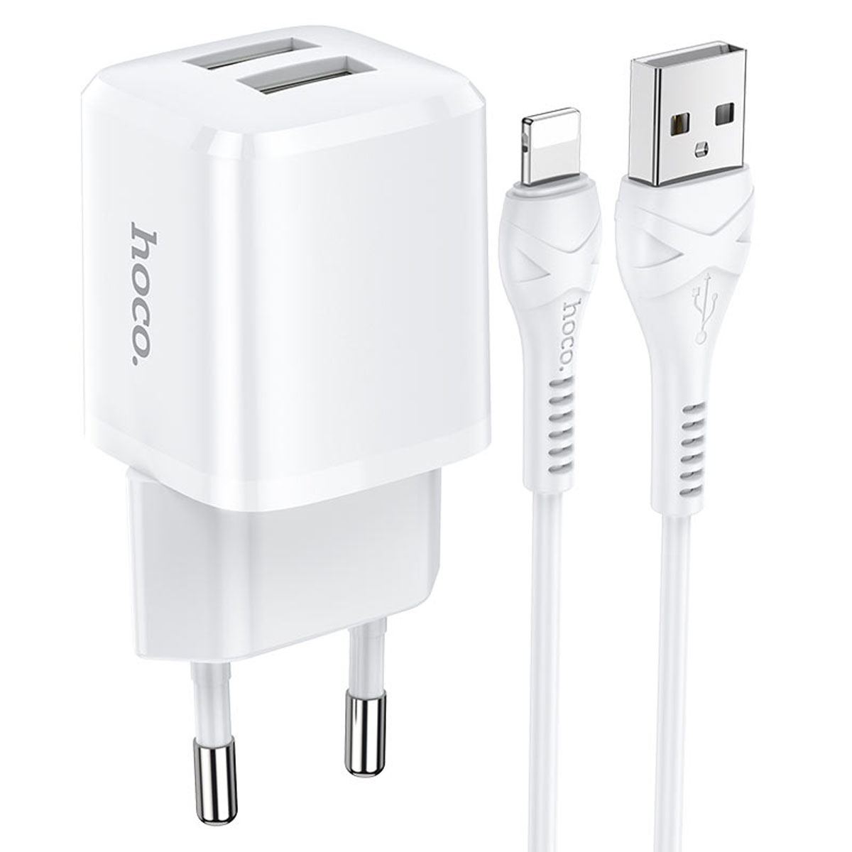 СЗУ (Сетевое зарядное устройство) HOCO N8 Briar с кабелем Lightning 8 pin, 2.4A, 2 USB, длина 1 метр, цвет белый СЗУ (Сетевое зарядное устройство) HOCO N8 Briar с кабелем Lightning 8 pin, 2.4A, 2 USB, длина 1 метр, цвет белый