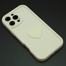 Чехол накладка для APPLE iPhone 16 Pro Max, силикон, 3D сердце, защита камеры, бортики, цвет молочный