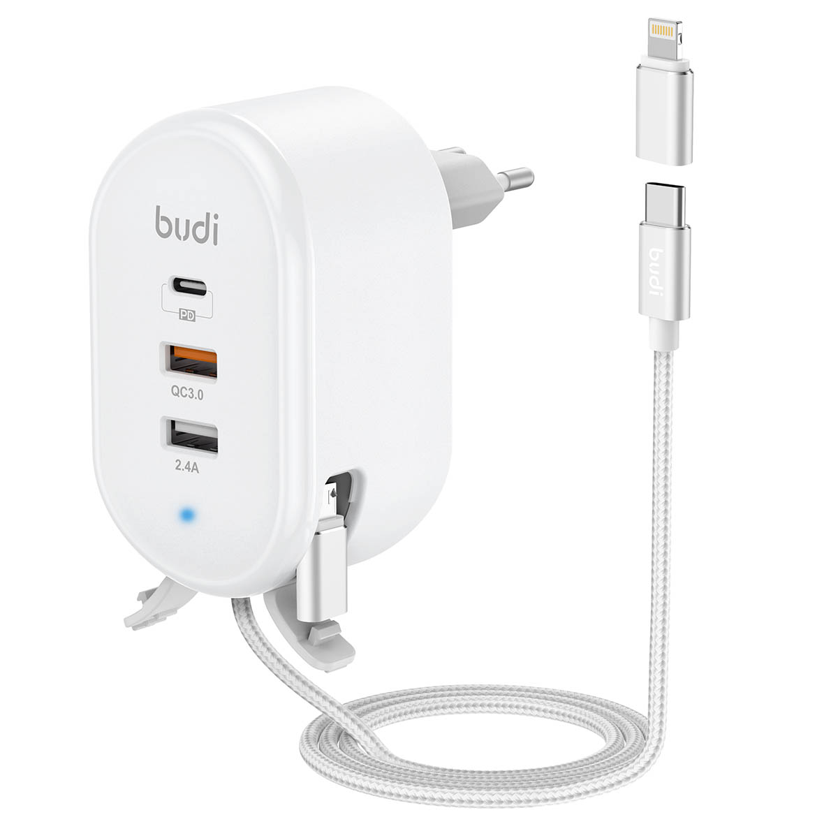 СЗУ (Сетевое зарядное устройство) BUDI, PD 18W, QC 18W, USB, кабель Type C, длина 1 метр, цвет белый СЗУ (Сетевое зарядное устройство) BUDI, PD 18W, QC 18W, USB, кабель Type C, длина 1 метр, цвет белый