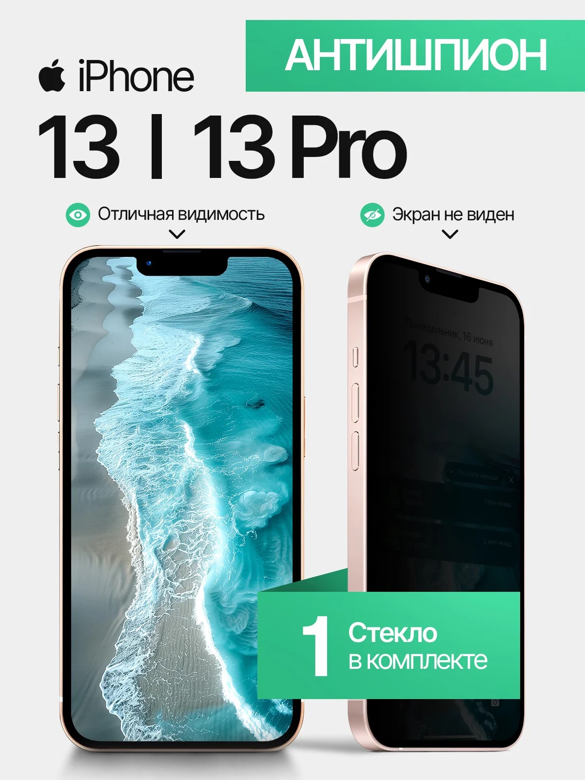 Защитное стекло Антишпион для APPLE iPhone 13, iPhone 13 Pro, iPhone 14, iPhone 16e, цвет окантовки черный