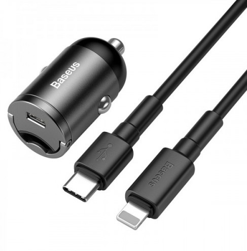 BASEUS TZVCHX-0G Автомобильное зарядное устройство Tiny Star Mini PPS quick charger suit Type-C to IP 18W Cable  1 метр, цвет темно серый.