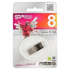 Флешка 8GB SILICON POWER MOBILE X10, 2 разъема (USB A, Micro USB), функция OTG, цвет черно серебристый
