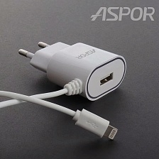 СЗУ (сетевое зарядное устройство) ASPOR A802P, с кабелем Lightning 8 pin, 2.4A, цвет белый | ВСЁ ПО 100
