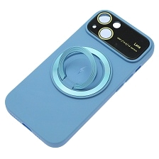 Чехол накладка с поддержкой MagSafe для APPLE iPhone 15, силикон, защита камеры, подставка, цвет небесно голубой