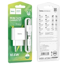 СЗУ (Сетевое зарядное устройство) HOCO C106A Leisure с кабелем Lightning 8 pin, 10.5W, 2.1A, 1 USB, длина 1 метр, цвет белый СЗУ (Сетевое зарядное устройство) HOCO C106A Leisure с кабелем Lightning 8 pin, 10.5W, 2.1A, 1 USB, длина 1 метр, цвет белый