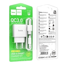 СЗУ (Сетевое зарядное устройство) HOCO C140A Smart с кабелем USB Type C, 18W, 1 USB, QC3.0, длина 1 метр, цвет белый СЗУ (Сетевое зарядное устройство) HOCO C140A Smart с кабелем USB Type C, 18W, 1 USB, QC3.0, длина 1 метр, цвет белый