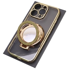 Чехол накладка для APPLE iPhone 16 Pro, силикон, защита камеры, кольцо держатель, прозрачный, цвет окантовки золотистый
