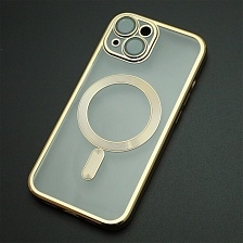 Чехол накладка FASHION CASE для APPLE iPhone 15, с поддержкой MagSafe, силикон, защита камеры, прозрачный, цвет окантовки золотистый