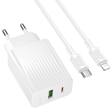 СЗУ (Сетевое зарядное устройство) BOROFONE BAS76A Source с кабелем USB Type C на на Lightning 8 pin, 1 USB Type C, 1 USB A, PD30W, QC3.0, длина 1 метр, цвет белый