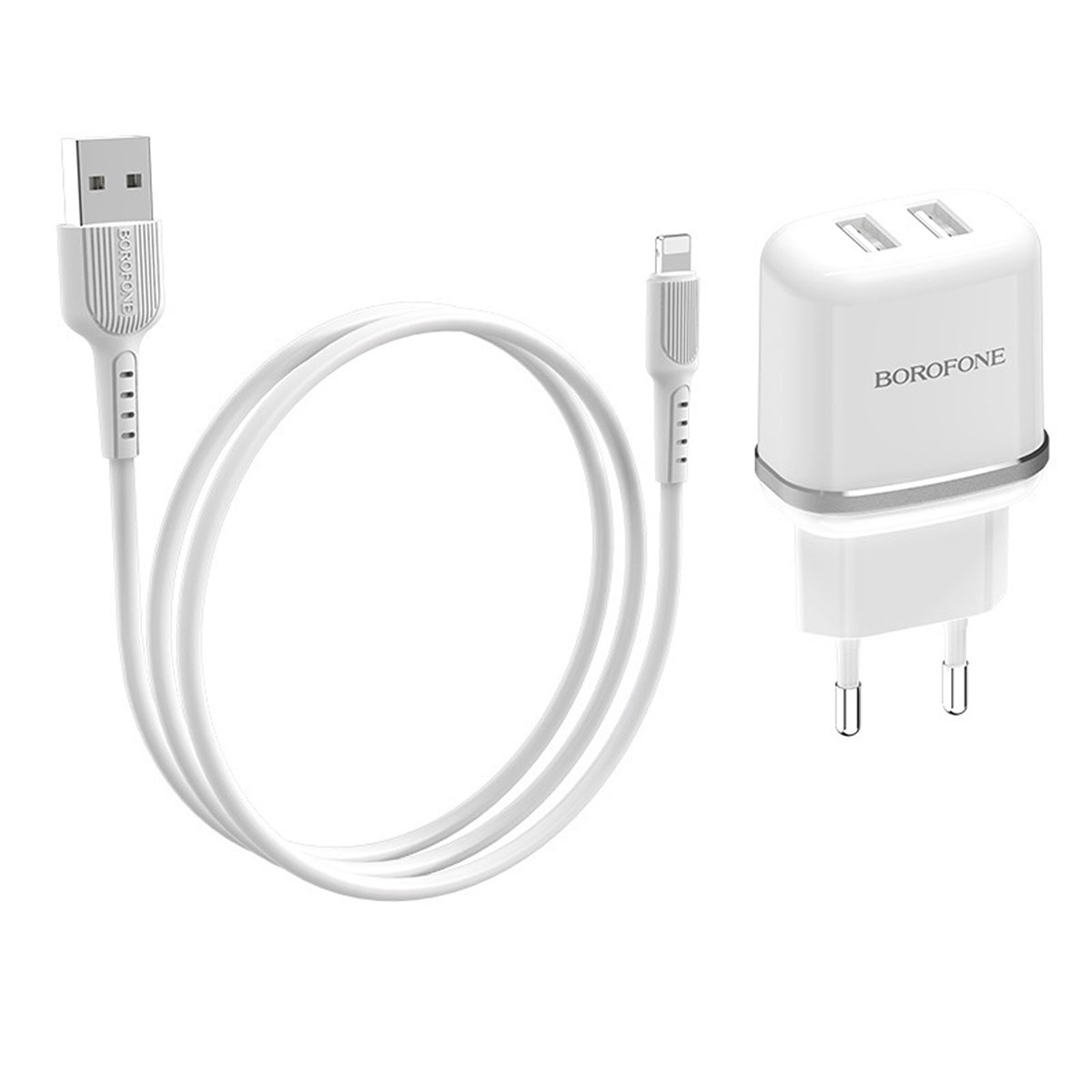 СЗУ (Сетевое зарядное устройство) BOROFONE BA25A с кабелем Lightning 8 pin, 2.4A, 2 USB, длина 1 метр, цвет белый | Последняя цена