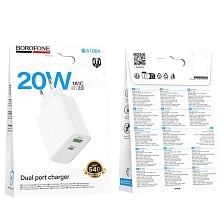 СЗУ (Сетевое зарядное устройство) BOROFONE BA106A Stellar, 20W, 1 USB A 18W, 1 USB Type C 20W, PD20W, QC3.0, цвет белый