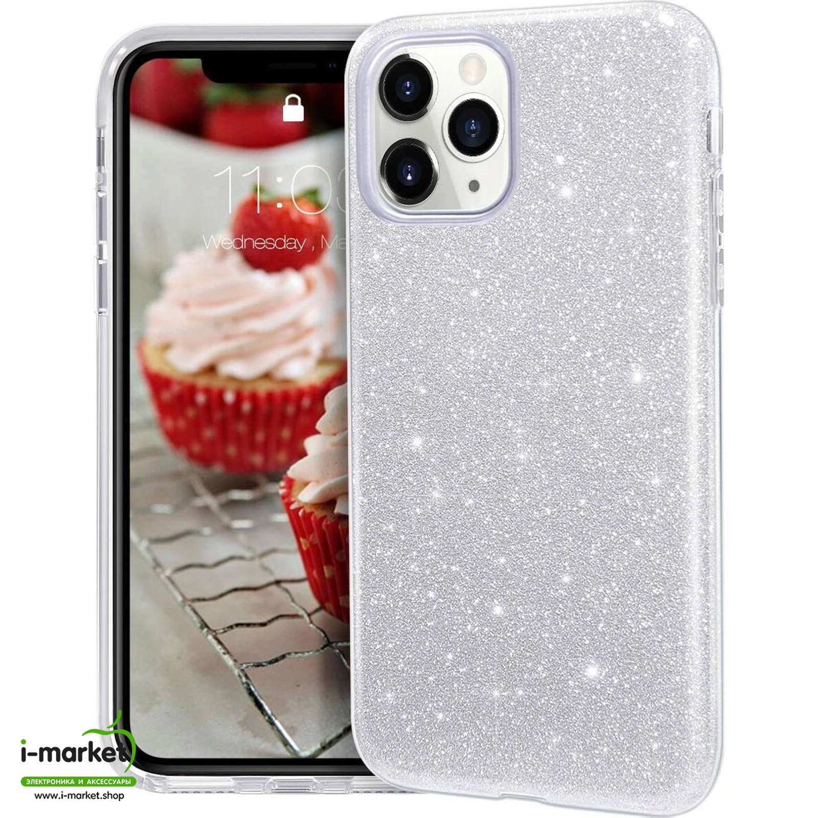 Чехол накладка Shine для APPLE iPhone 11 Pro Max, силикон, блестки, цвет серебристый