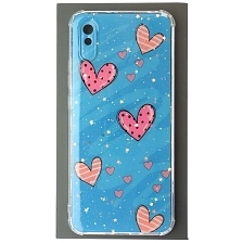 Чехол накладка для XIAOMI Redmi 9A, силикон, глянцевый, блестки, рисунок Сердечки