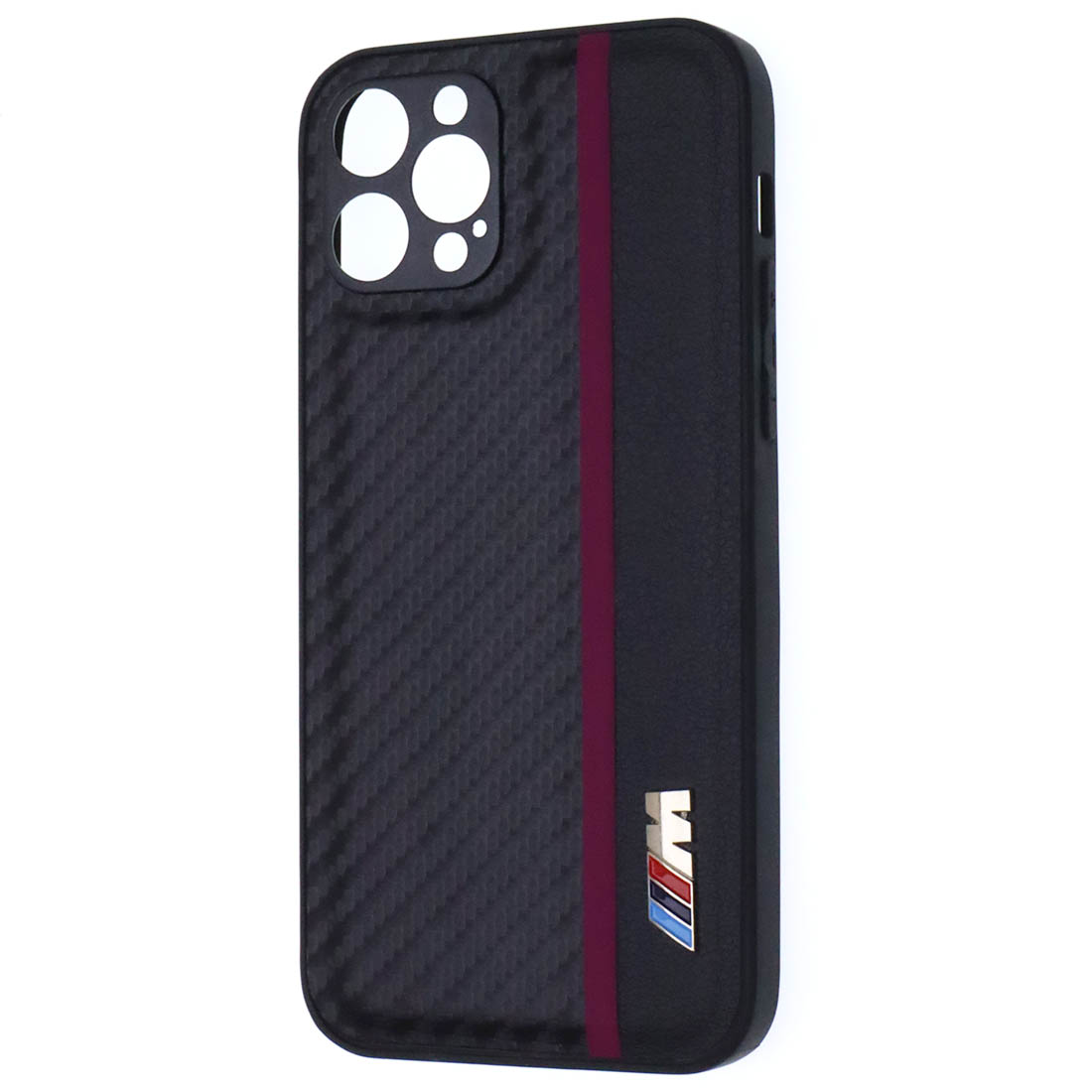 Чехол накладка для APPLE iPhone 12 Pro, силикон, карбон, экокожа, защита камеры, знак БМВ M серии, цвет черный с бордовой полоской