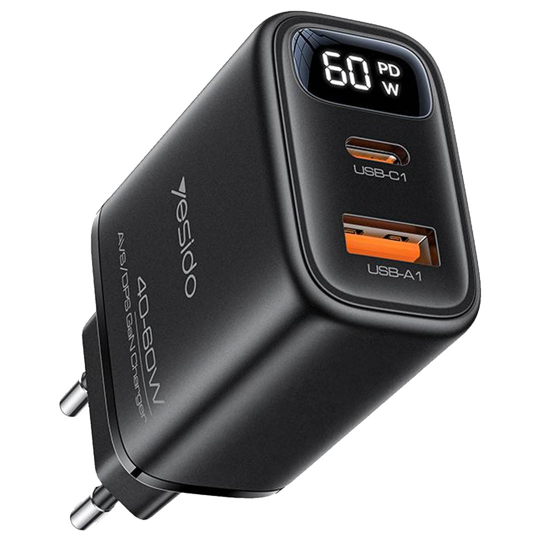 СЗУ (Сетевое зарядное устройство) YESIDO YC122 GaN, 60W, 1 USB A, 1 USB Type C, PD, QC3.0, цвет черный