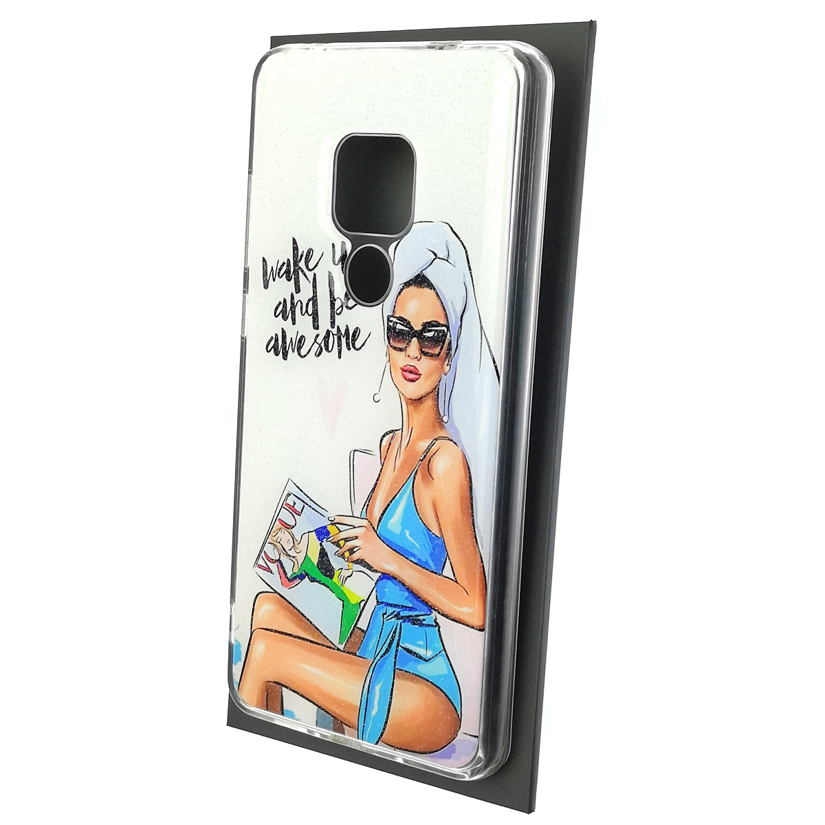 Чехол накладка для HUAWEI Mate 20, силикон, глянцевый, блестки, рисунок Wake up and be awesome Чехол накладка для HUAWEI Mate 20, силикон, глянцевый, блестки, рисунок Wake up and be awesome