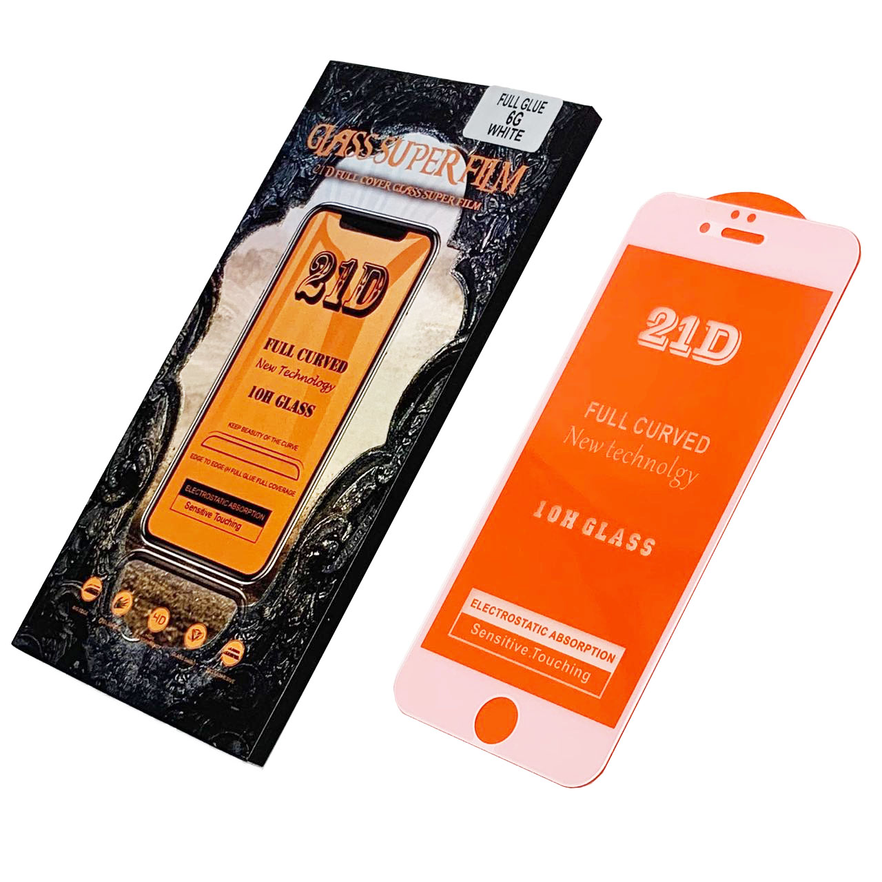 Защитное стекло "21D" FULL GLUE для APPLE iPhone 6/6G/6S (4.7"), цвет канта белый.