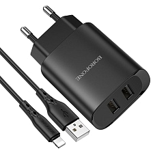 СЗУ (Сетевое зарядное устройство) BOROFONE BN2 Super fast с кабелем APPLE Lightning 8 pin, 2.1А, длина 1 метр, цвет черный СЗУ (Сетевое зарядное устройство) BOROFONE BN2 Super fast с кабелем APPLE Lightning 8 pin, 2.1А, длина 1 метр, цвет черный