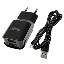 MRM MR24i СЗУ (сетевое зарядное устройство) на 2 USB порта 5V 2.4A MAX, USB кабель lightning 8-pin, длина 1м, цвет черный.