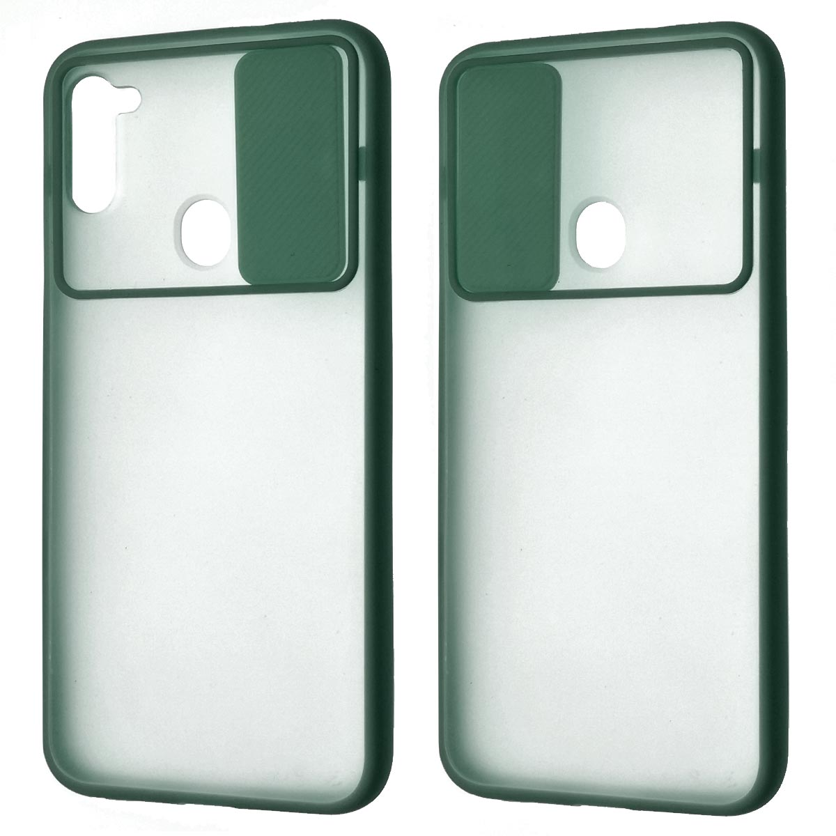 Чехол накладка для SAMSUNG Galaxy A11 (SM-A115), Galaxy M11 (M115), силикон, пластик, матовый, со шторкой для защиты задней камеры, цвет окантовки темно зеленый