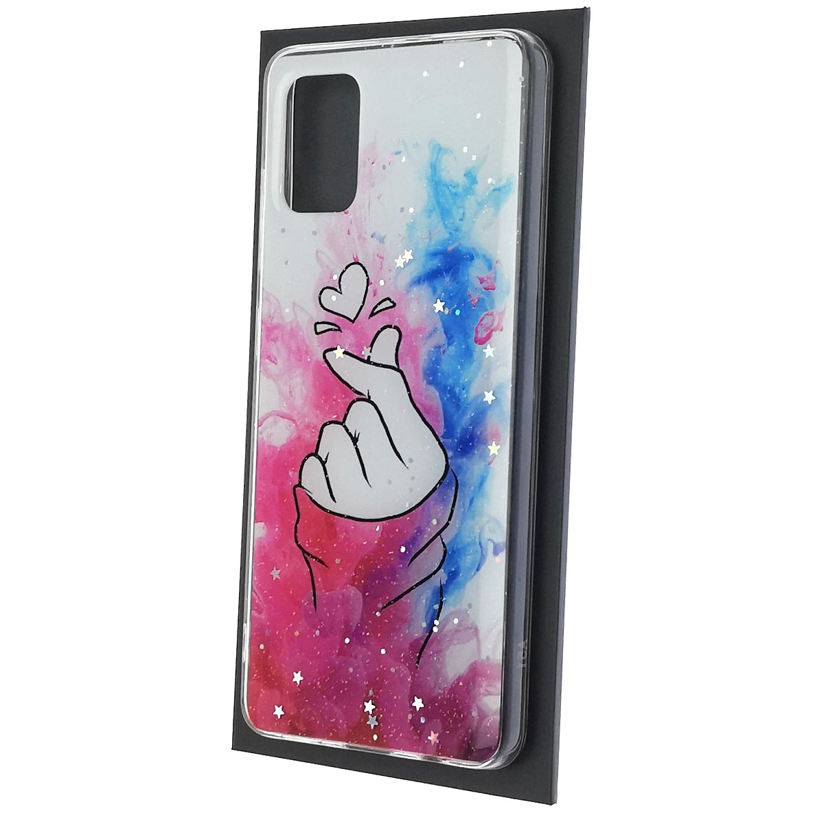 Чехол накладка Vinil для SAMSUNG Galaxy A51 (SM-A515), силикон, блестки, глянцевый, рисунок щелчок с сердечком Чехол накладка Vinil для SAMSUNG Galaxy A51 (SM-A515), силикон, блестки, глянцевый, рисунок щелчок с сердечком