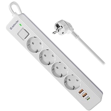 Сетевой фильтр Defender DFS 141, 1.5 метра, 4 розетки, 2 USB QC3.0, 1 Type-C PD20W, цвет белый