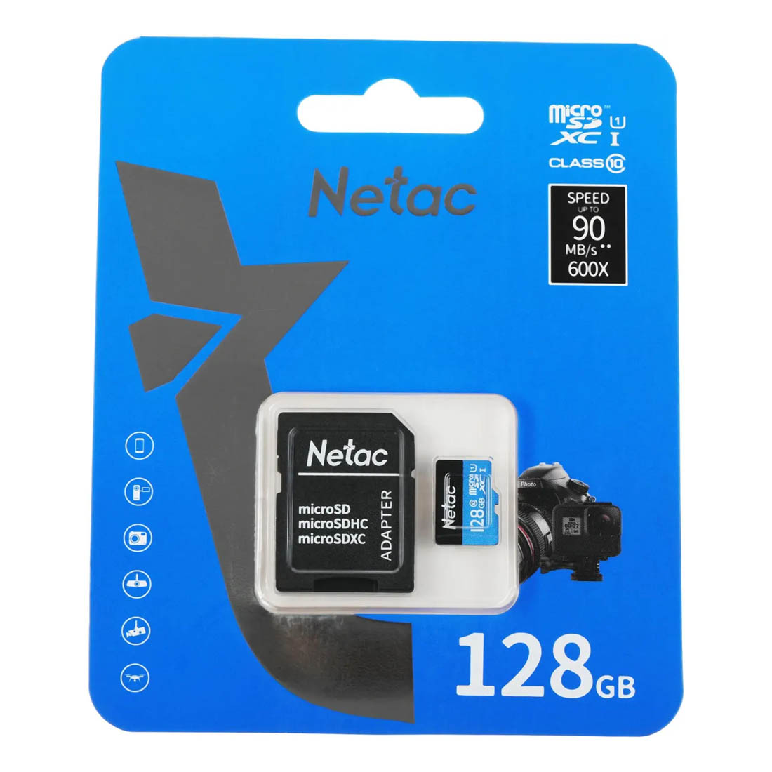 Карта памяти MicroSDXC 128GB NETAC P500 Standard (NT02P500STN-128G-R), Class 10, UHS-I, 90 Mb/s, SD адаптер