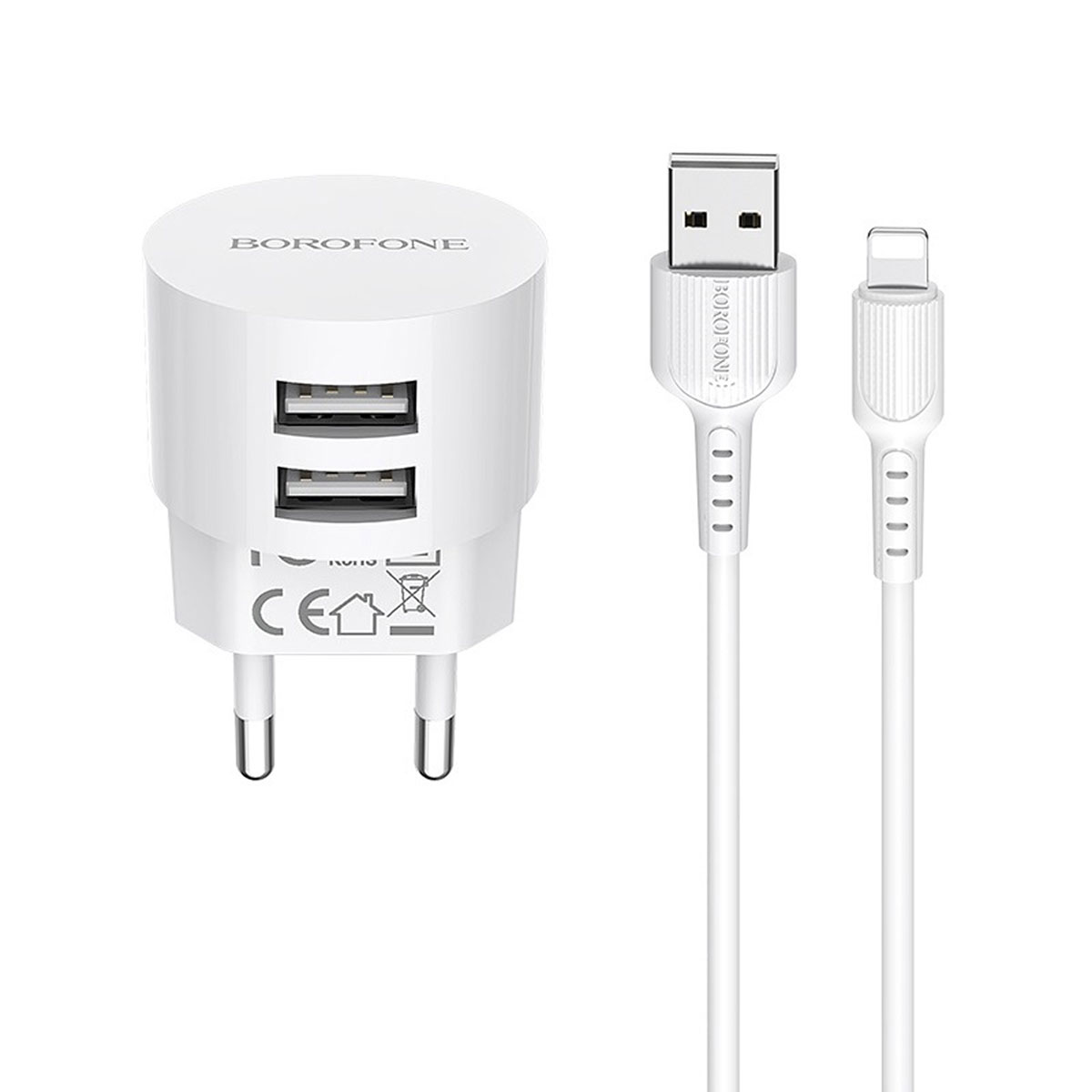 BOROFONE BA23A Brilliant, сетевое зарядное устройство с двумя USB портами и с кабелем USB Type C, цвет белый BOROFONE BA23A Brilliant, сетевое зарядное устройство с двумя USB портами и с кабелем USB Type C, цвет белый