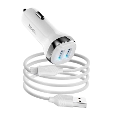 АЗУ (автомобильное зарядное устройство) HOCO Z40 Superior, 2 USB порта, кабель Type-C, 1 метр, цвет белый