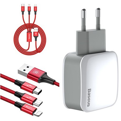 Сетевое ЗУ "Baseus" Letour 2USB 2,4A+Combo кабель 3 в1 3A 1.2m (microUSB+Lightning+Type C). Сетевое ЗУ "Baseus" Letour 2USB 2,4A+Combo кабель 3 в1 3A 1.2m (microUSB+Lightning+Type C).