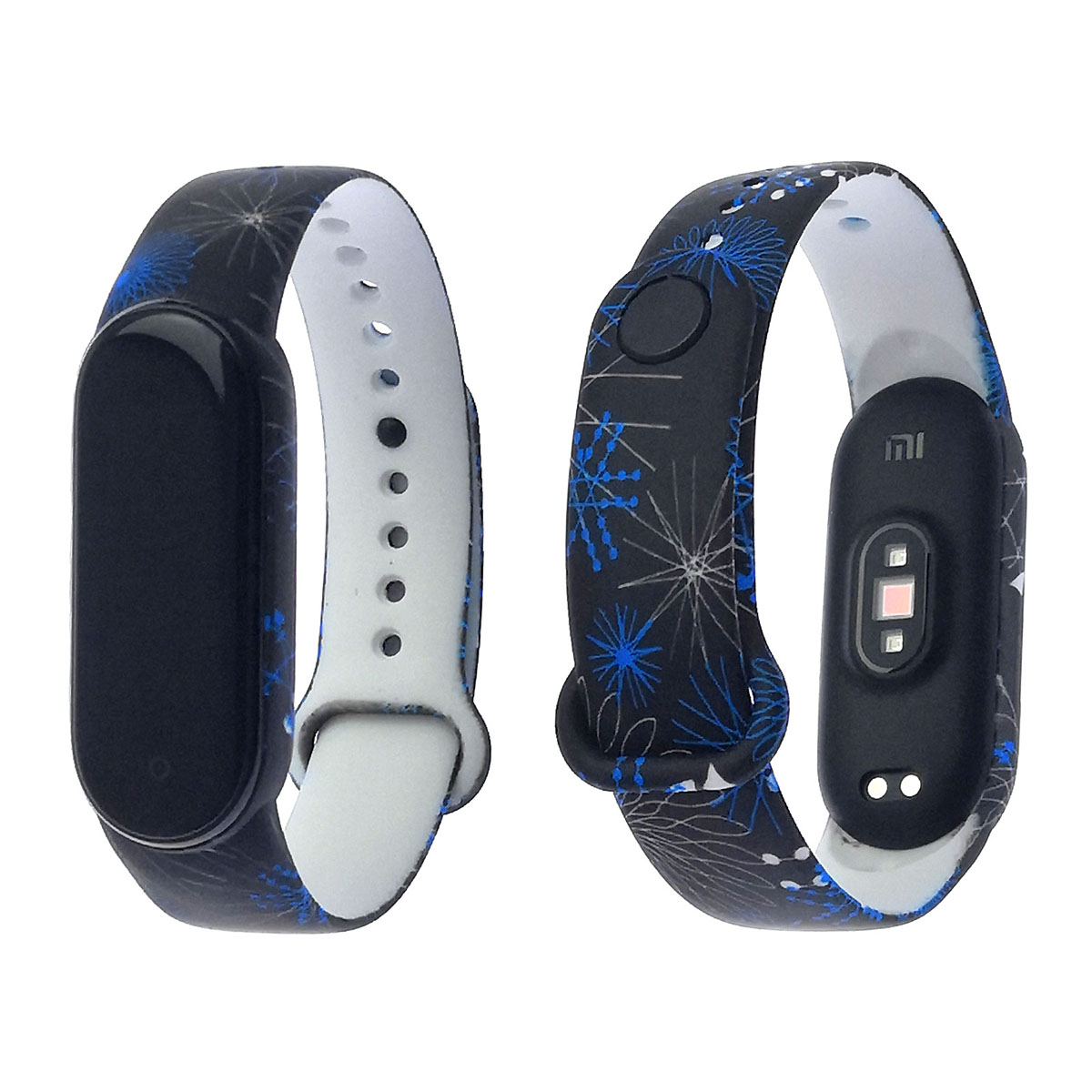 Сменный ремешок для фитнес браслета, смарт часов XIAOMI Mi Band 5, рисунок черно синяя геометрия.