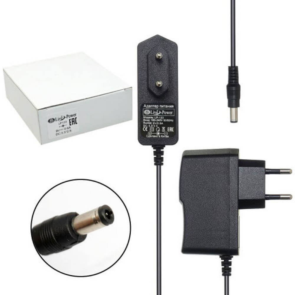 Блок питания Live Power LP133, 9V-0.6A, 5.5*2.5, длина 1 метр, цвет черный