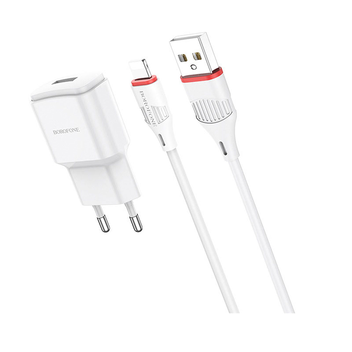 СЗУ (сетевое зарядное устройство) BOROFONE BA48A Orion, с одним USB портом, ток 2.1A, набор с кабелем APPLE Lightning 8-pin, цвет белый