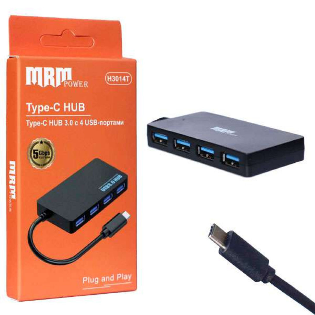 Переходник, хаб концентратор MRM H3014T USB Type C на 4 USB 3.0, цвет черный
