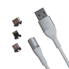 Магнитный кабель MRM 360 3в1, длина 1 метр, с магнитными насадками APPLE Lightning 8-pin, Micro USB, Type-C, цвет белый Магнитный кабель MRM 360 3в1, длина 1 метр, с магнитными насадками APPLE Lightning 8-pin, Micro USB, Type-C, цвет белый