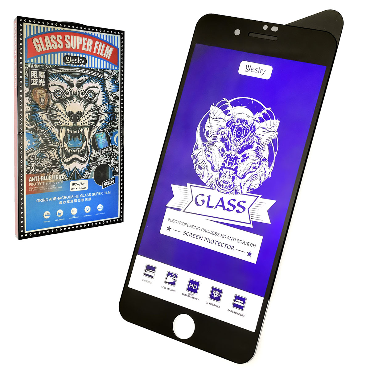 Защитное стекло YESKY MATTE ANTI BLUE для APPLE iPhone 7 Plus, iPhone 8 Plus, матовое с фильтром синего цвета, цвет черный.