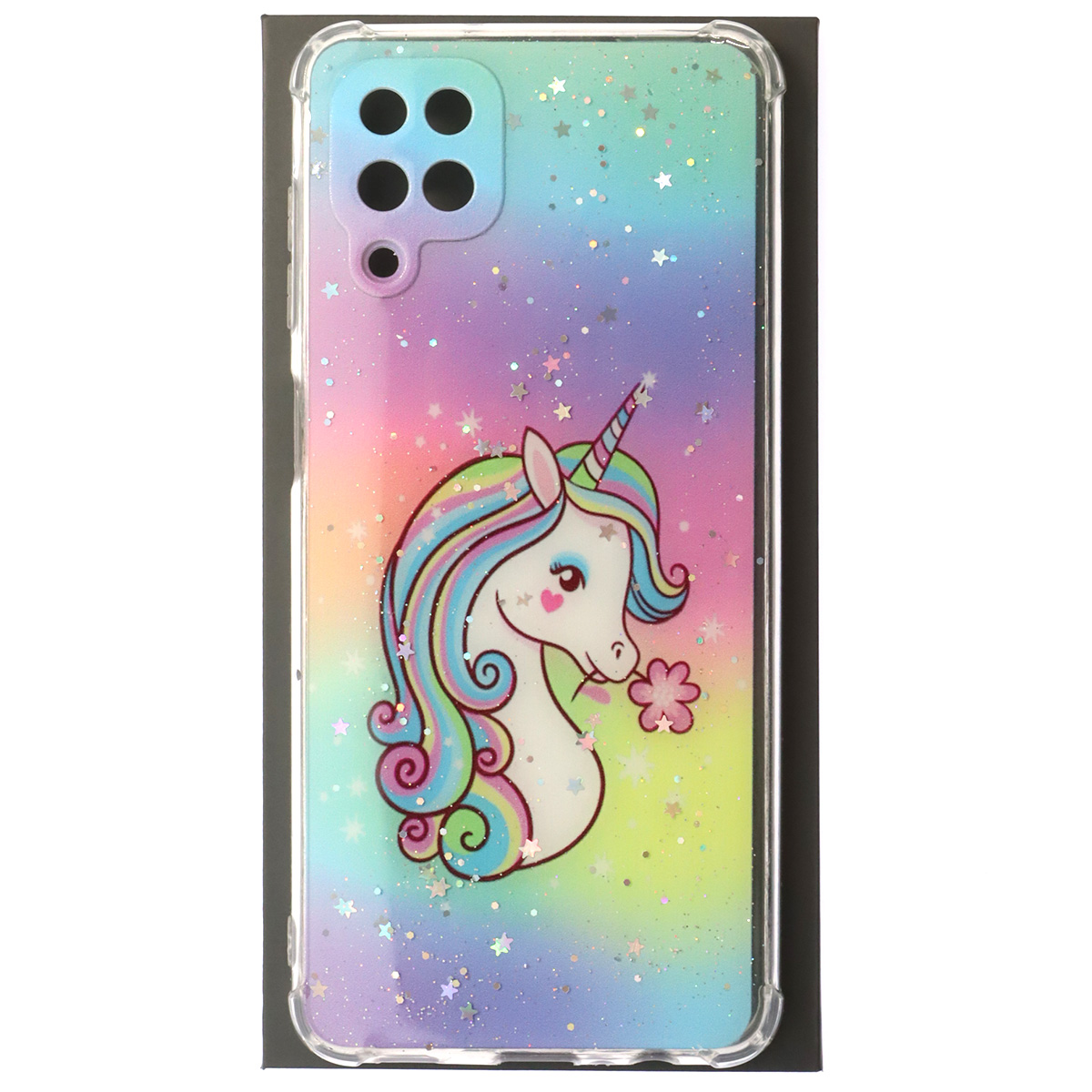 Чехол накладка для SAMSUNG Galaxy A12 4G (SM-A125), M12 (SM-A125F), силикон, глянцевый, блестки, рисунок Единорог
