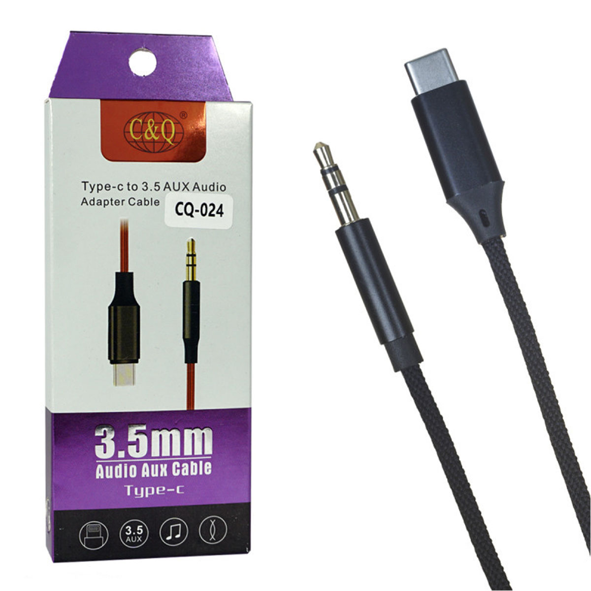 Аудио кабель, переходник CQ024 AUX Jack 3.5 mm на USB Type C, длина 1 метр, цвет черный Аудио кабель, переходник CQ024 AUX Jack 3.5 mm на USB Type C, длина 1 метр, цвет черный