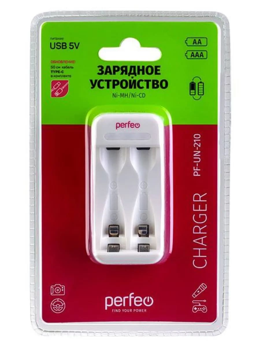 Зарядное устройство Perfeo CHARGER PF-UN-210 на 2 слота для аккумуляторов тип Ni-MH/CD типаразмеров AAA и AA, питание DC 5V/500mA от кабеля Type-C, с индикацией заряда, цвет белый